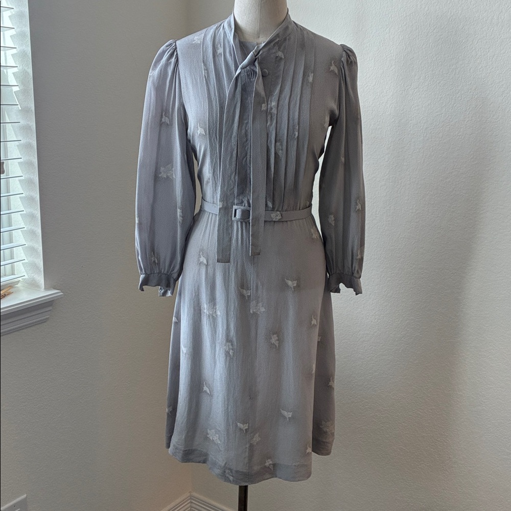 Vintage 70s 80s grey silk dress bow neck midi VGUC office dress feminine poet